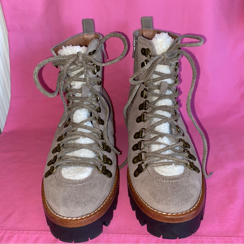 Jeffrey Campbell Gray Suede Lace Up Boots Sherpa Culvert White Cream Beige 6.5 8